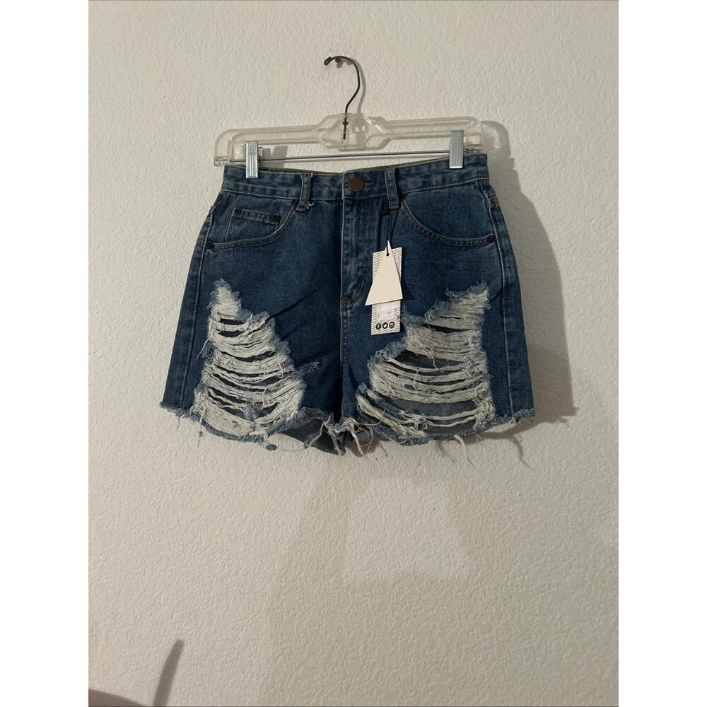 Boohoo Blue Shorts Womens Size 4 Cut Off Denim Destroyed Ripped High Waisted